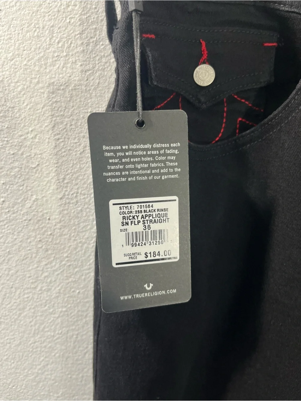 True Religion Ricky Applique SN Flap Straight “2SB Black Rinse” 36x30 #701564